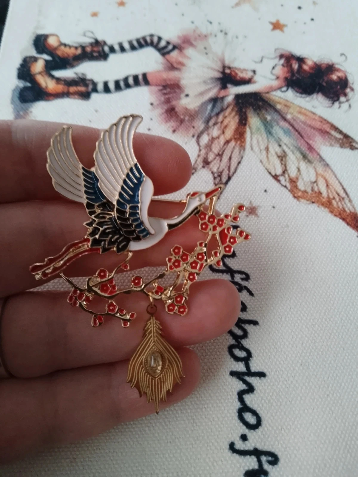 broche cigüeña colgante pluma piedra de luna – photo 2